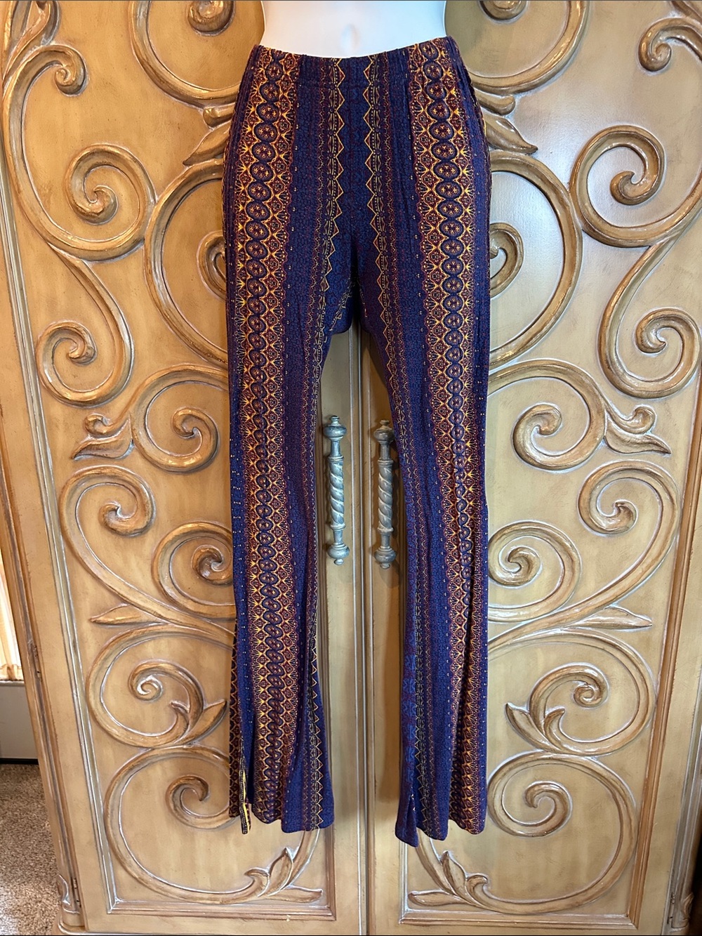Patrons of Peace Navy and Gold Striped Pattern Flare Pants